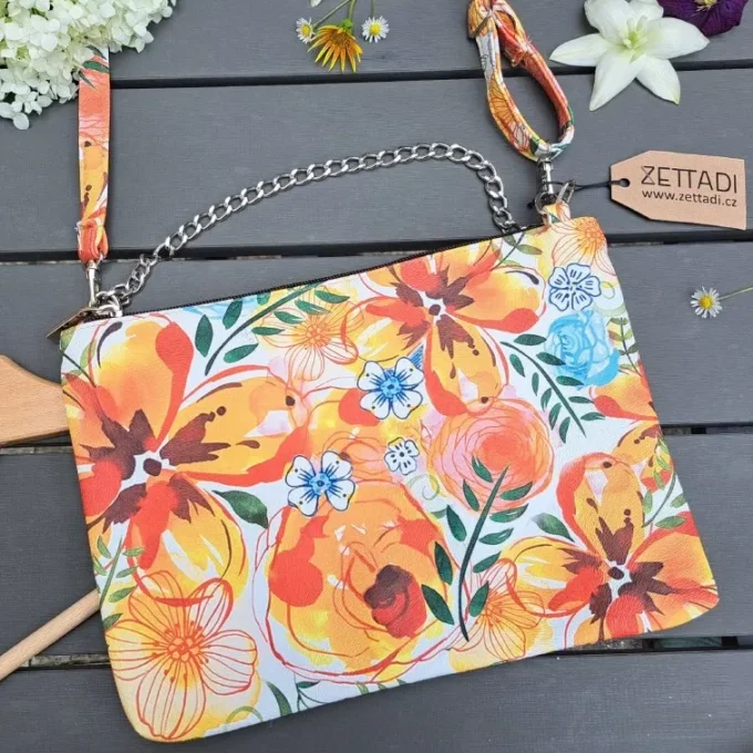 Crossbody s řetízkem - květy oranžovo červené